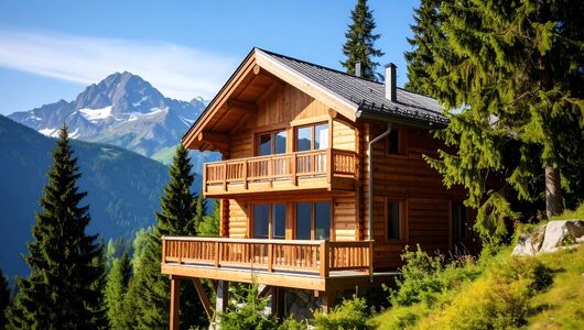 Außenansicht eines Chalets in sonniger Hanglage mit Bergkulisse.