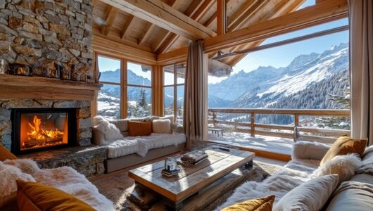 Chalet-Wohnzimmer mit Kamin, Holzwänden und Blick auf die Alpen.
